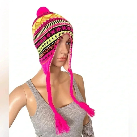 NWOT Full Coverage Beanie Flourescent Pink,Orange,Yellow and Black with Pom Pon - Picture 1 of 5